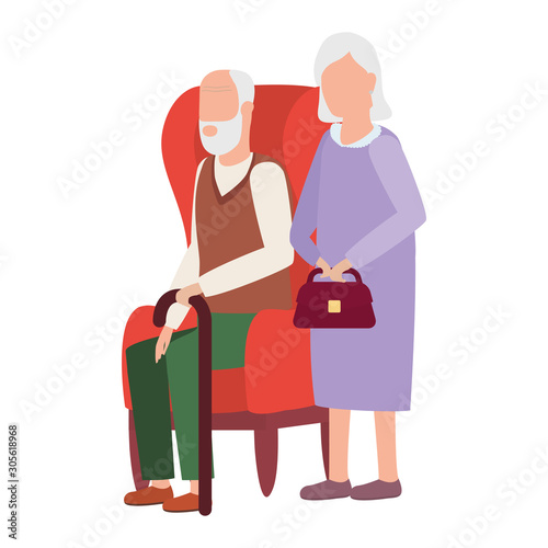 grandmother and grandfather seated in sofa avatars characters