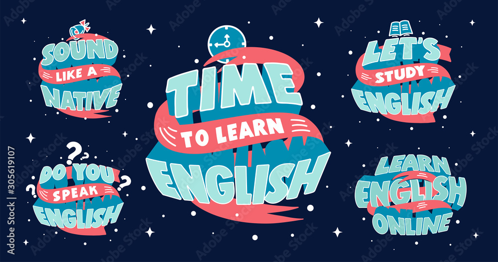 English learning stickers. Creative poster, web banner, patches