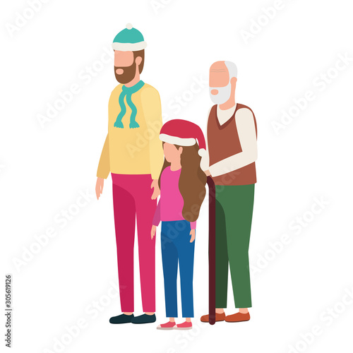 cute grandfather with young son and granddaughter using christmas hat