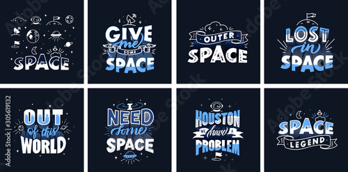 Space phrases. Positive quotes lettering isolated on dark blue background collection