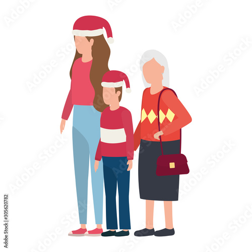 grandmother with daughter and grandson using christmas hat