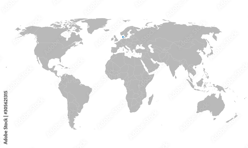 Denmark highlighted blue on world map vector