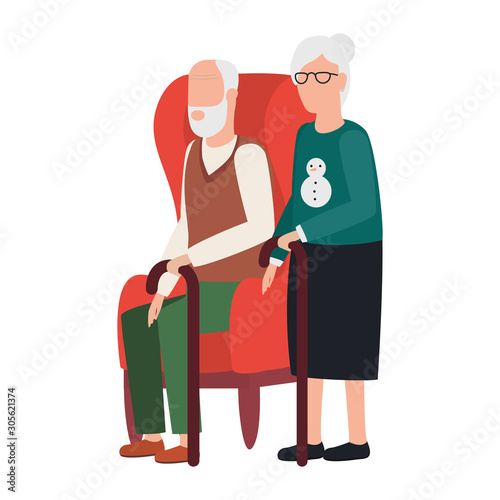grandmother and grandfather seated in sofa avatars characters