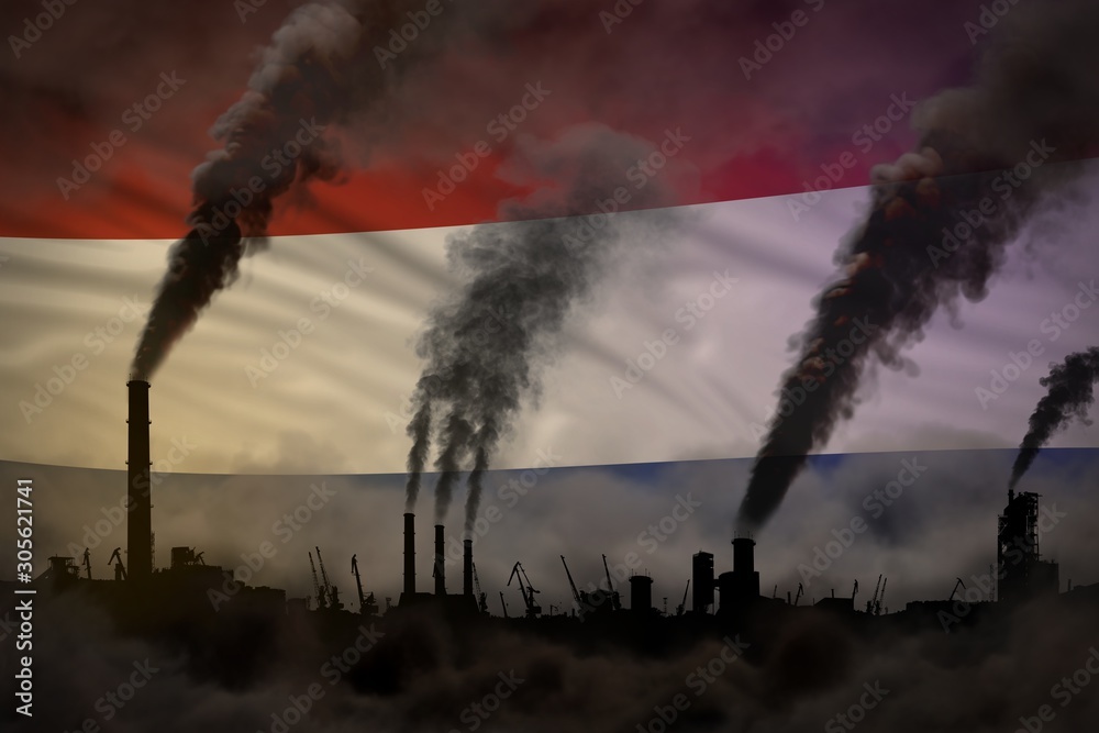 Dark pollution, fight against climate change concept - industrial chimneys dense smoke on Netherlands flag background - industrial 3D illustration