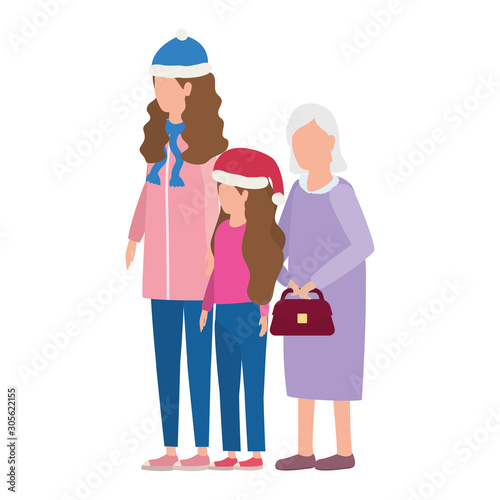 grandmother with daughter and grandaughter using christmas hat