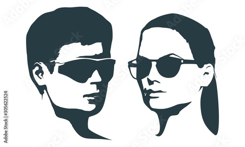 Man and woman silhouettes in black sunglasses. Happy valentines day and wedding design elements. Half turn view.