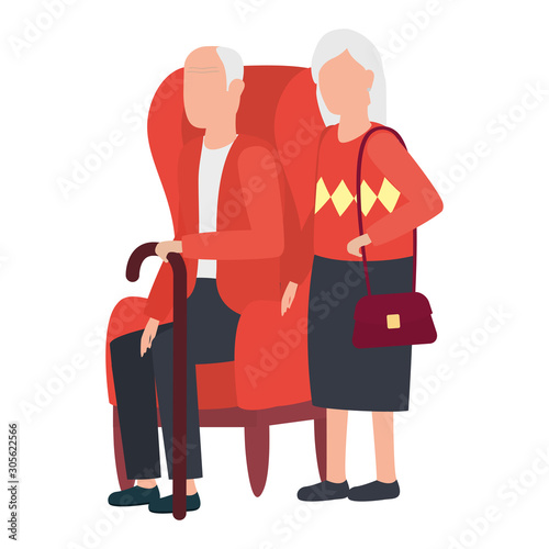 grandmother and grandfather seated in sofa avatars characters