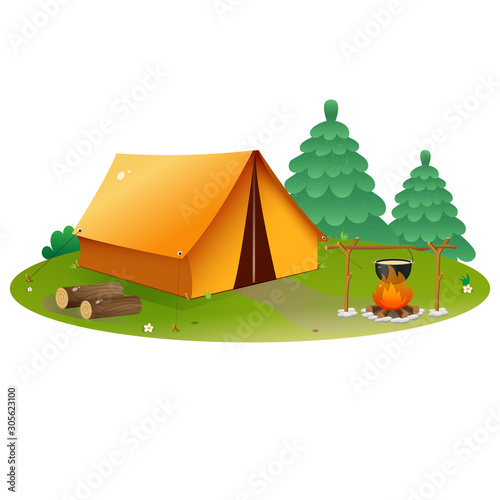 Color image of tourism camp with tent and campfire on white background. Camping. Vector illustration.