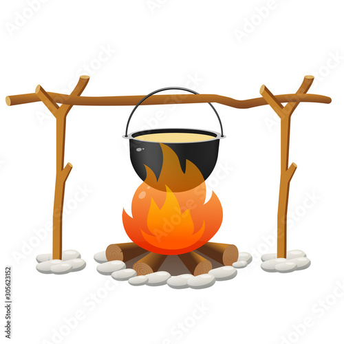 Color image of campfire and of bowler on white background. Camping and hikings. Vector illustrations.