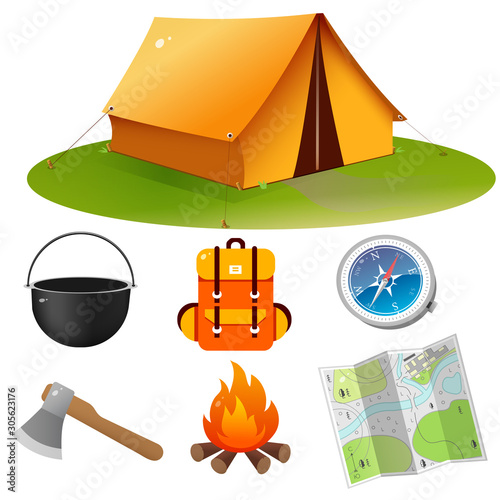 Tourist set. Color images of tourism tent with campfire, of backpack with bowler, of map and compass on white background. Vector.