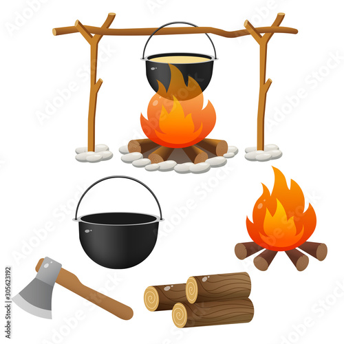 Tourist set. Color images of campfire, firewood and of bowler on white background. Camping and hikings. Vector illustrations.