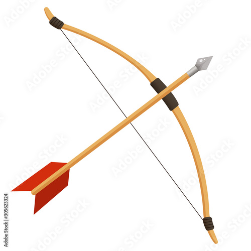 Color image of cartoon bow with arrow on white background. Bow shooting or archery. Vector illustration.
