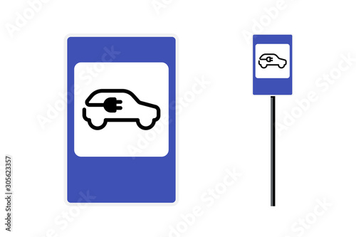 Electric car charging station road sign. Eco friendly clean environment vehicle parking and battery charger place icon. Blue standart square with ecology transport vector symbol isolated