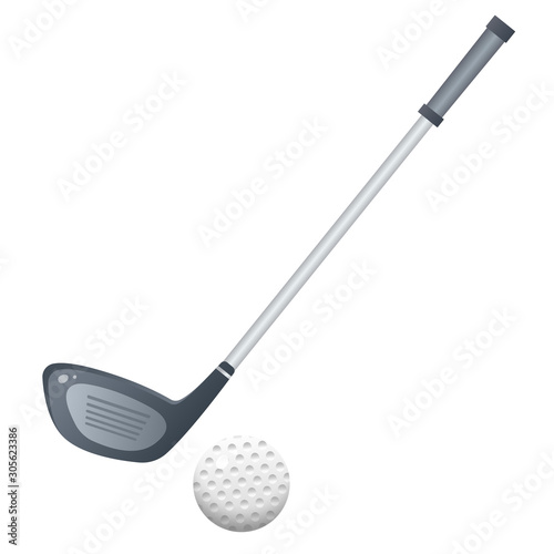Color image of cartoon putter with golf ball on white background. Sports equipment. Golf. Vector illustration.