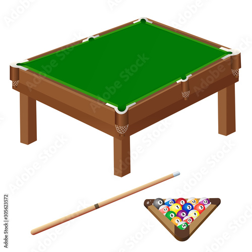 Color images of pool table, of cue and balls on white background. Sports equipment. Billiards. Vector illustration set.