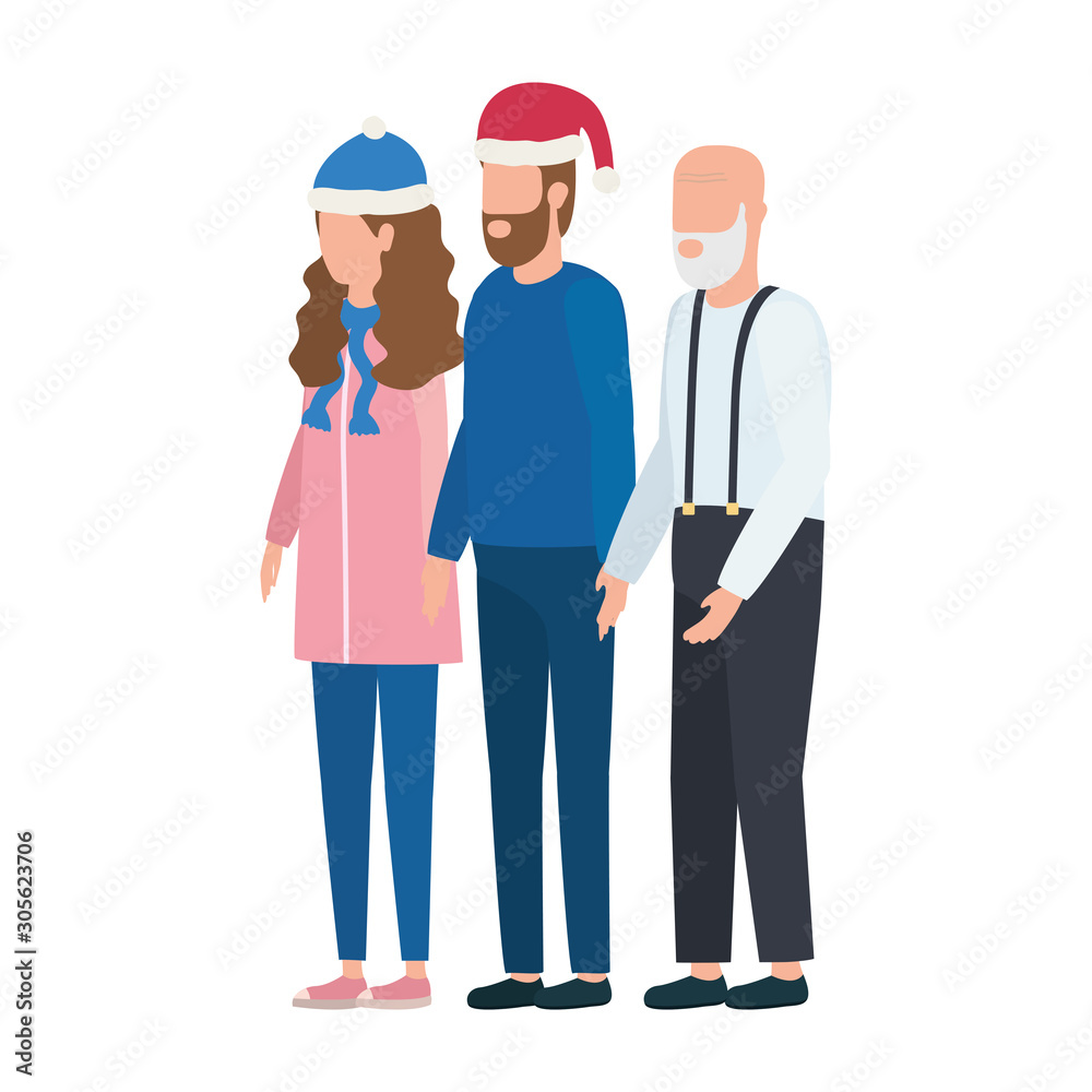 cute grandfather with young couple using christmas hat cute grandfather with young couple using christmas hat