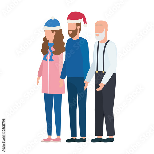 cute grandfather with young couple using christmas hat