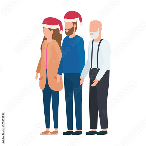 cute grandfather with young couple using christmas hat