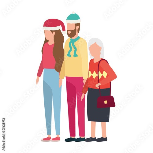 cute grandmother with young couple using christmas hat