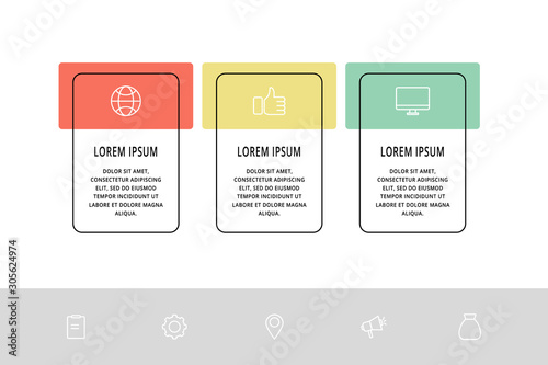 Vector infographic template with rectangles. Business data visualization with 3 options and marketing icons. Three steps for content, process, timeline, web, marketing, presentation, graph, diagrams