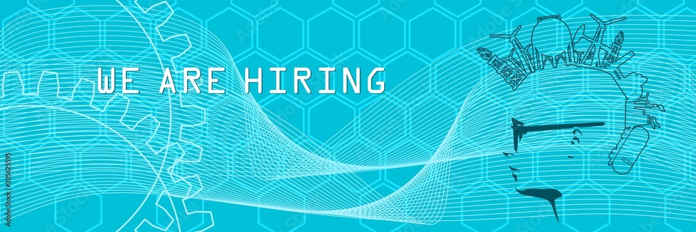 The choice of the best suited employee. Man silhouette with industrial icons as a hair. HR job seeking concept. Modern futuristic virtual abstract background. We are hiring text The choice of the best suited employee. Man silhouette with industrial icons as a hair. HR job seeking concept. Modern futuristic virtual abstract background. We are hiring text