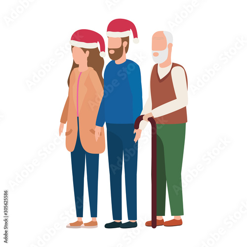 cute grandfather with young couple using christmas hat