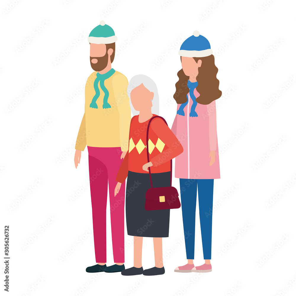 cute grandmother with young couple using christmas hat