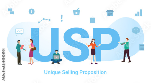 usp unique selling proposition concept with big word or text and team people with modern flat style - vector photo