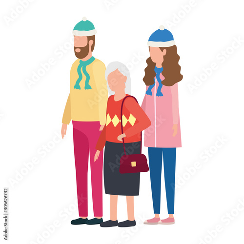cute grandmother with young couple using christmas hat