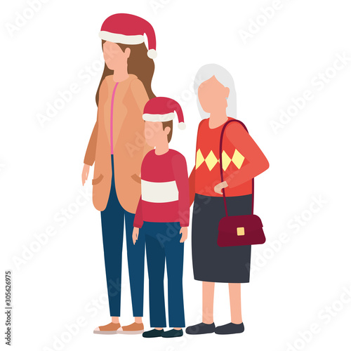 grandmother with daughter and grandson using christmas hat