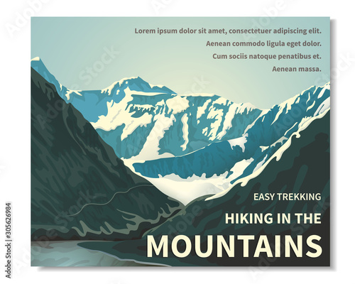 Mountain landscape - horizontal banner, poster with text. A view of the rocks. Gorge of the river, brightly lit by the sun. rocks in the background, peaks with snow caps, bright blue sky. River Vector