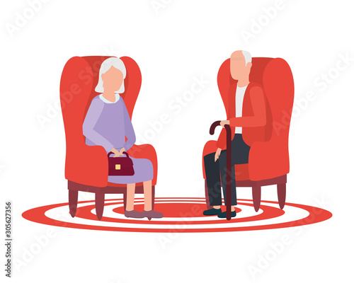 cute grand parents seated in sofas avatars characters
