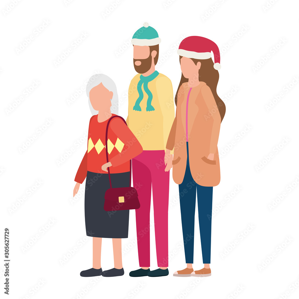 cute grandmother with young couple using christmas hat cute grandmother with young couple using christmas hat