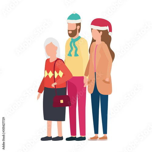 cute grandmother with young couple using christmas hat