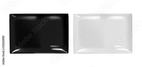 Vector realistic illustration of ceramic pottery. An isolated image of black and white porcelain dishes. Square plates for sushi.