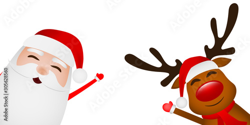 Cartoon funny santa claus and reindeer waving hands isolated on white