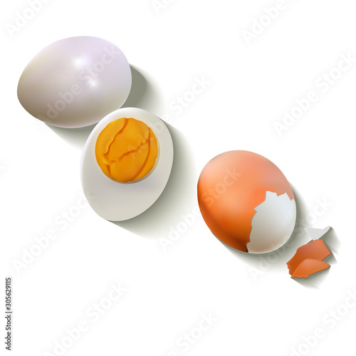 Vector realistic illustration of food. Isolated image of boiled eggs in shell and peeled. A pile of boiled eggs.