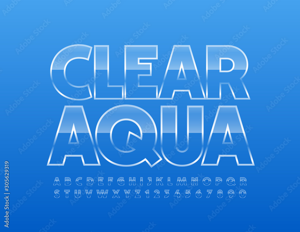 Vector iced logo Clear Aqua with transparent Font. Glass Alphabet Letters and Numbers