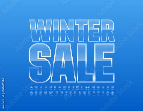 Vector glossy Banner Winter Sale with ice Font. Transparent Uppercase Alphabet. Glass Letters and Numbers set