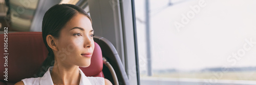 Bus commute travel Asian business woman looking out the window commuting to work banner panorama lifestyle background.
