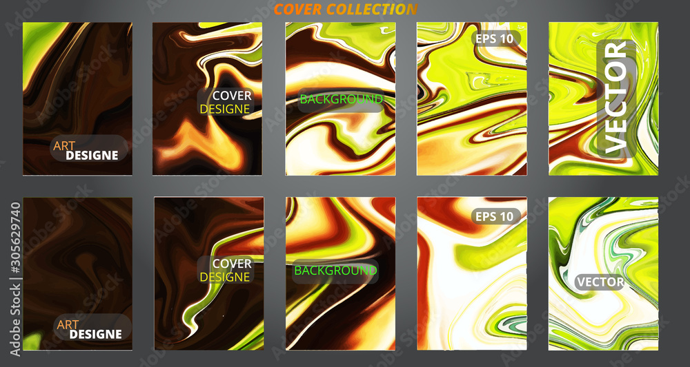Fototapeta premium Set abstract marble modern designe.Splash acrylic colored bright liquid.Paints texture A4.For sale flyer,cover,presentation,print,business cards,calendars,invitations,sites,packaging. 
