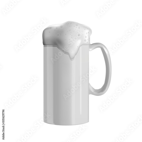 Vector realistic illustration of a ceramic mug with beer. An isolated image of a beer mug. Figure beer with white foam.