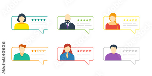 Feedback chat speech bubble set with male and female avatars. Online five stars review rating with good and bad testimonial rate collection. Vector quality appraisal illustration concept