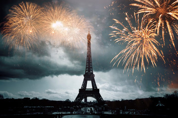 Colorful fireworks in Paris, Eiffel tower.