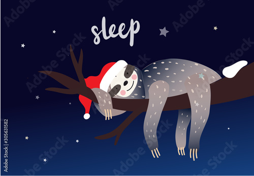 Winter, Christmas or New Year time. Cute lazy sloth sleeping on a branch of the tree under the snow. Cartoon style, vector illustration. Winter time quote lettering.