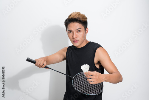 asian badminton player man isolated on white background photo