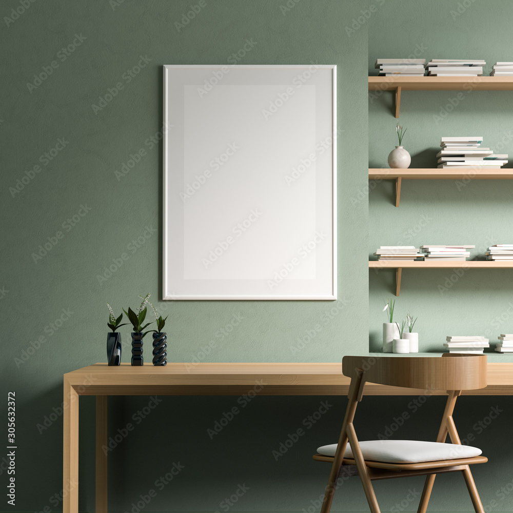 Mock up poster frame in modern style interior with wooden work desk. Minimalist workplace design. 3D illustration. Mock up poster frame in modern style interior with wooden work desk. Minimalist workplace design. 3D illustration.