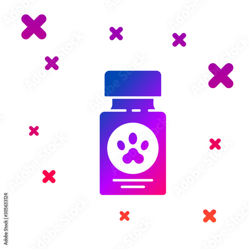 Color Dog medicine bottle and pills icon isolated on white background. Container with pills. Prescription medicine for animal. Gradient random dynamic shapes. Vector Illustration