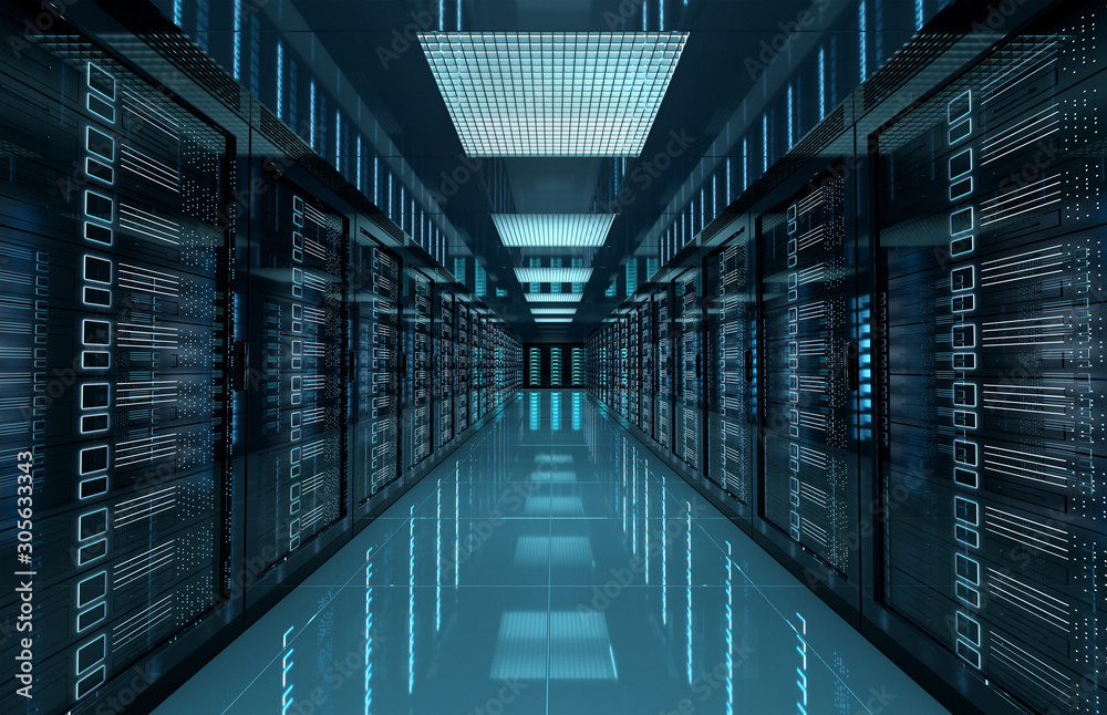 Fototapeta premium Dark servers center room with computers and storage systems 3D rendering