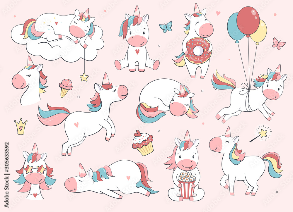 Cute unicorn set.  Vector characters for birthday, invitation, baby shower card, kids t-shirts and stickers kit. Hand drawn nursery illustration.